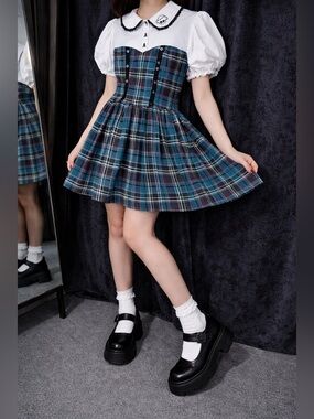 Monster High Plaid Dress Goth Schoolgirl Peter Pan Collar Puff Sleeve Y2K